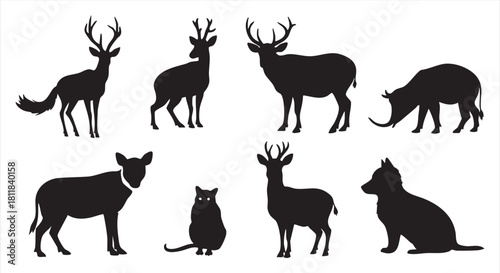 Striking Black Silhouettes of Wild Forest Animals and Domestic Pets Collection - Deer, Fox, Cat, and More on White Background for Graphic Design Resources