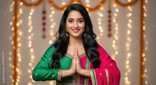 A young Indian woman in a vibrant green and pink festive outfit greets with folded hands, surrounded by warm lights and traditional decor.