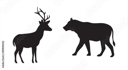 Contrasting Wildlife Deer and Wild Boar Silhouette Art for Nature Enthusiasts and Graphic Design Projects