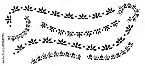 A set of various curved and wavy decorative Mexican borders made of simple black leaf and dot patterns on a white background.