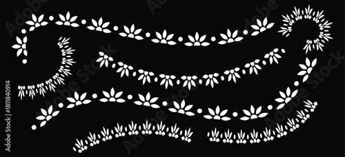 A collection of white, stylized floral and leaf-like Mexican decorative borders and dividers on a black background.