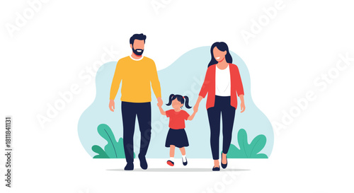 Heartwarming flat illustration of a happy family, father, mother, and daughter, walking hand-in-hand in a park or outdoor setting.