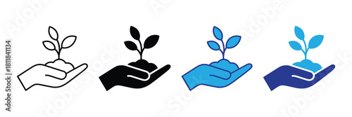 Hand holding a small plant sprout with leaves and soil icon in different styles: outline, solid black, and two color variations, symbolizing growth, nature, and care.