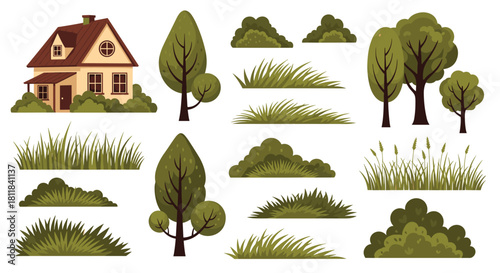 Comprehensive collection of charming houses, lush trees, and various types of green grass and bushes for landscaping projects.