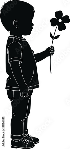 Child holding flower silhouette vector, innocence and gesture illustration, emotional moment concept, cad drawing flat vector artwork design