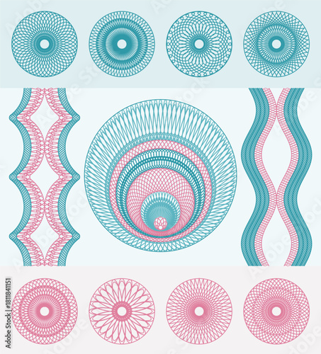 A big collection of round guilloche elements and borders