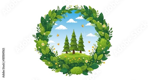 A Gentle Spring Scene with Pine Trees and Butterflies Flying High