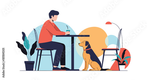 Relaxed young man enjoying a coffee at an outdoor cafe table with his loyal dog companion sitting patiently beside him.