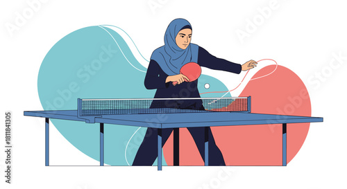 Confident woman wearing a hijab playing table tennis with focus and determination demonstrating active participation in sport.
