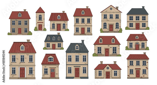 Diverse collection of charming and classic European-style houses and residential buildings showcasing various architectural designs and colors.