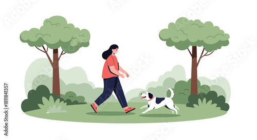 Happy young woman enjoying a leisurely walk with her playful dog in a lush green park on a bright sunny day.