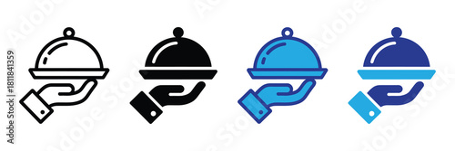 Serving dish icon on hand vector illustration, representing food service, restaurant, catering, waiter, and gourmet meal presentation in various styles.