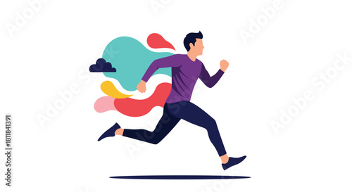 Dynamic young man running with energy and determination against a vibrant abstract background symbolizing motion and progress.
