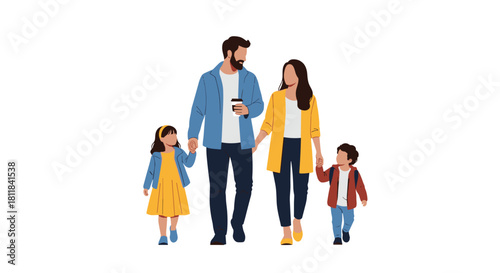 Happy young family of four holding hands and walking together enjoying a beautiful sunny day and quality time outdoors.