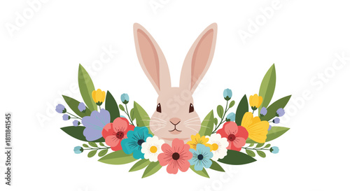 Adorable Easter bunny head illustration surrounded by a cheerful wreath of colorful spring flowers perfect for holiday designs.