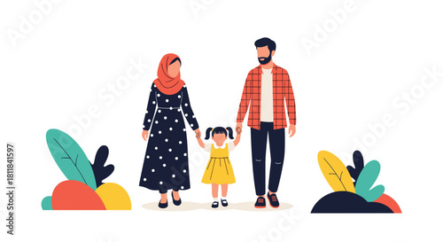 Happy Muslim family of three holding hands and walking together enjoying a beautiful sunny day and quality time outdoors.