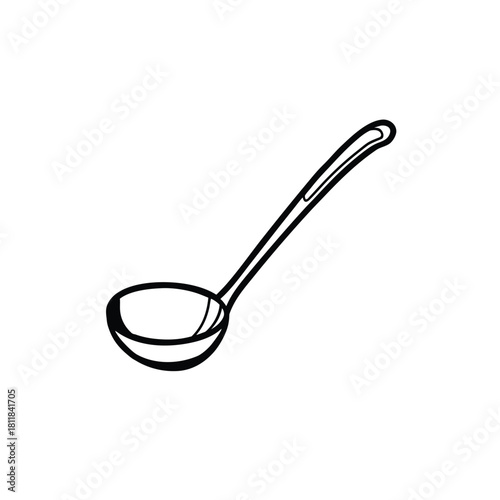 Simple line art illustration of a kitchen ladle on a white background
