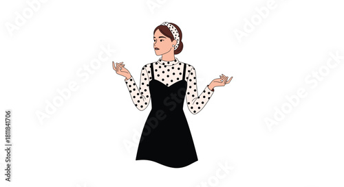 Fashionable young woman in a stylish polka dot top and black dress making a thoughtful gesture while looking away.
