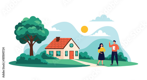 Happy young couple standing proudly in front of their new house with a realtor ready for a fresh start and homeownership.