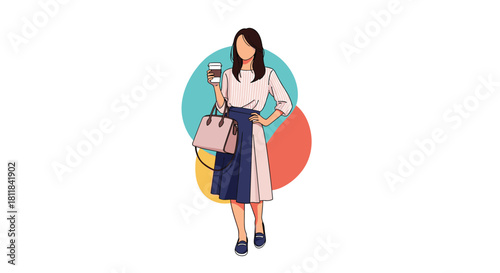 Stylish young woman in a elegant skirt and top holding a fashionable handbag and a coffee cup embodying modern urban style.