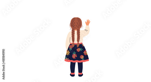 Adorable little girl with braids seen from the back happily waving her hand symbolizing innocence and cheerful farewell.