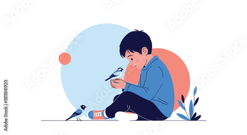 Gentle little boy sitting on the ground carefully holding a small bird in his hands symbolizing kindness and connection with nature.