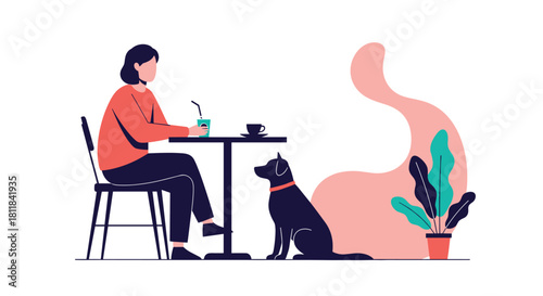 Relaxed young woman enjoying a coffee at an outdoor cafe table with her loyal black dog companion sitting patiently beside her.