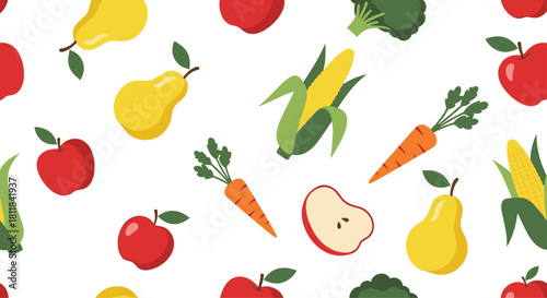 Vibrant seamless pattern featuring a delightful assortment of fresh fruits and vegetables perfect for healthy eating and natural designs.