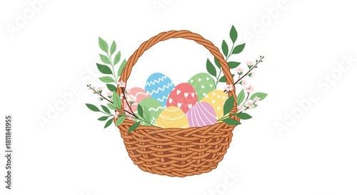 Charming woven basket filled with beautifully decorated Easter eggs and delicate spring flowers perfect for a joyful holiday celebration.
