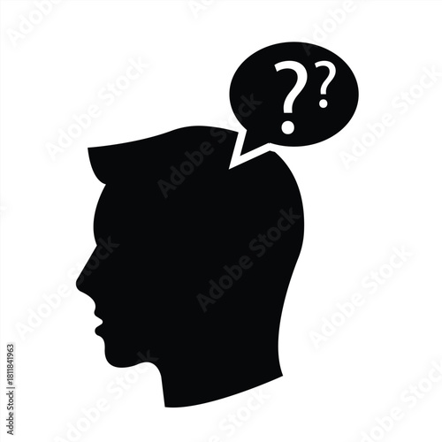 Icon of a thinking man with a human head and a question mark bubble. A curious, questioning or confused mind, intelligence. Vector illustration