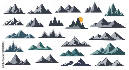 Diverse collection of various mountain range designs in different shapes and colors ideal for outdoor adventure and travel themes.