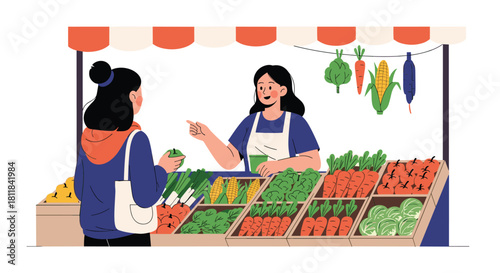 Happy woman customer buying fresh organic vegetables from a smiling female vendor at a bustling outdoor farmer's market stall.