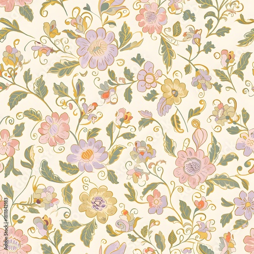 Seamless floral pattern with flowers and leaves in vintage style