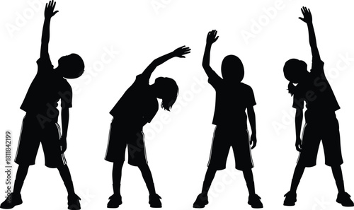 Black Silhouette Child Stretching Exercise Vector Set: Kids Warm-up, Flexibility Training, Physical Education, and Healthy Active Lifestyle Graphics