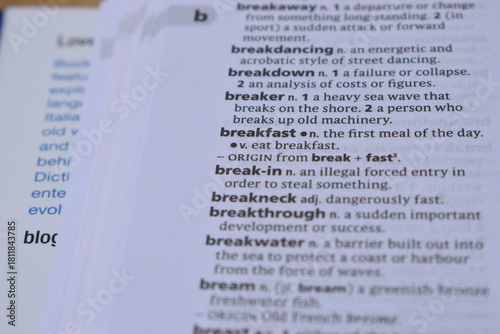 Close Up Of English Definition Dictionary Page Word Of - breakfast