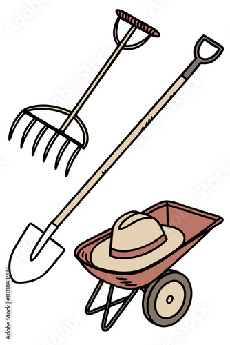Collection of garden tools including a pitchfork, shovel, and a wheelbarrow with a straw hat inside, perfect for gardening illustration isolated on