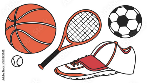 Selection of various sport equipment including a basketball, soccer ball, tennis racket, tennis ball, and athletic shoe, representing fitness and game activity isolated on
