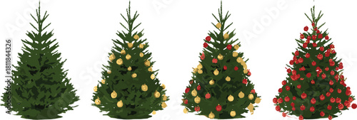 Christmas tree decoration stages, festive holiday ornaments, red and gold baubles, seasonal celebration, winter decor, pine tree transformation, joyful preparation