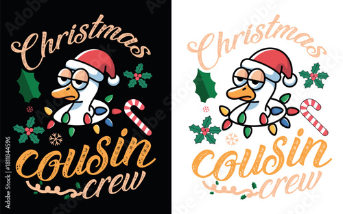 Funny christmas duck wearing santa hat with lights and candy cane