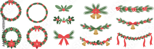 Christmas wreaths and garlands collection, festive holiday decorations, colorful vector elements, seasonal design assets, cad drawing flat vector illustration
