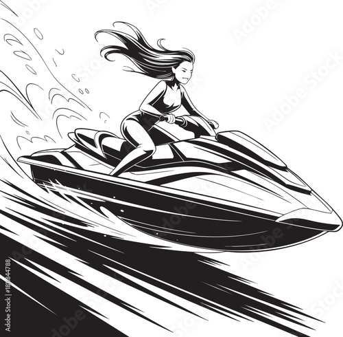 A black and white sketch depicts a woman with flowing hair speeding across water on a jet ski, creating a wake.