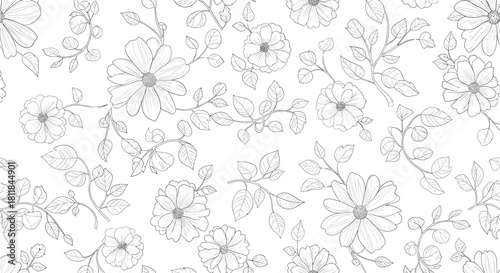 Elegant seamless floral pattern featuring detailed hand-drawn flowers and leaves in a monochrome black and white outline style.