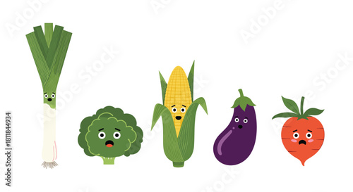 A cute collection of cartoon vegetable characters with sad and worried facial expressions set against a plain white background.