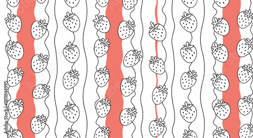Seamless pattern with hand-drawn strawberries hanging on vertical wavy lines with bold red stripes creating a playful background.