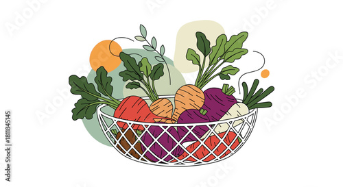 Colorful illustration of a wire basket filled with fresh root vegetables like beets and carrots with abstract shapes in the background.