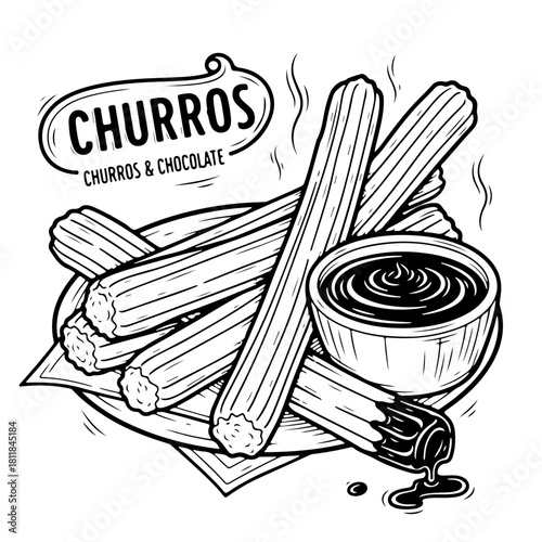 A black and white line drawing of a plate of churros with a side of hot chocolate dipping sauce.