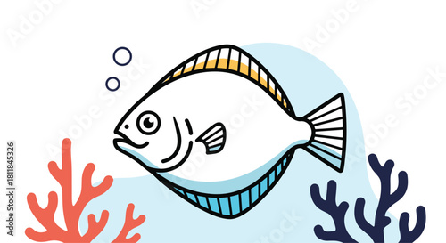 Cute and simple line art illustration of a flounder fish swimming underwater with colorful coral accents on a white background.