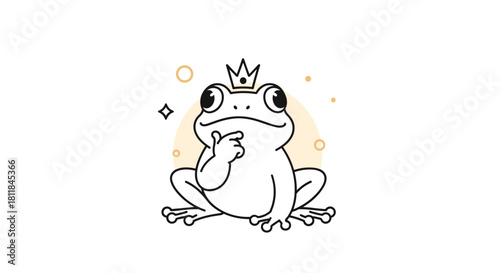 Minimalist line art illustration of a cute frog prince with a crown thinking curiously with subtle beige and gold accents.
