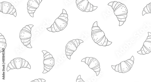 Seamless black and white pattern of delicious hand-drawn croissants in a simple line art style perfect for bakery branding.