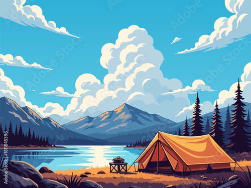 camping landscape camper silhouettes loving couple trailer mountains forest bonfire evening sunset outdoor recreation travelling illustration holiday